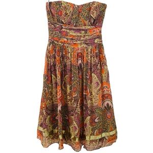 Ted Baker 100% Silk Colorful Floral Strapless Ruched Waist Dress Size 2 (US‎ 6)
